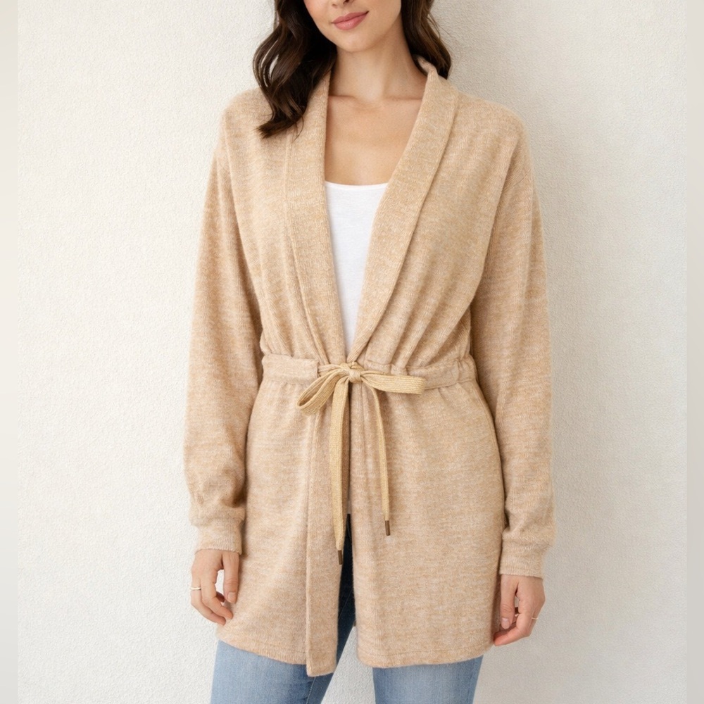 7 For All Mankind Tie Front Cardigan Sweater Tan Wheat Size Small long-sleeve